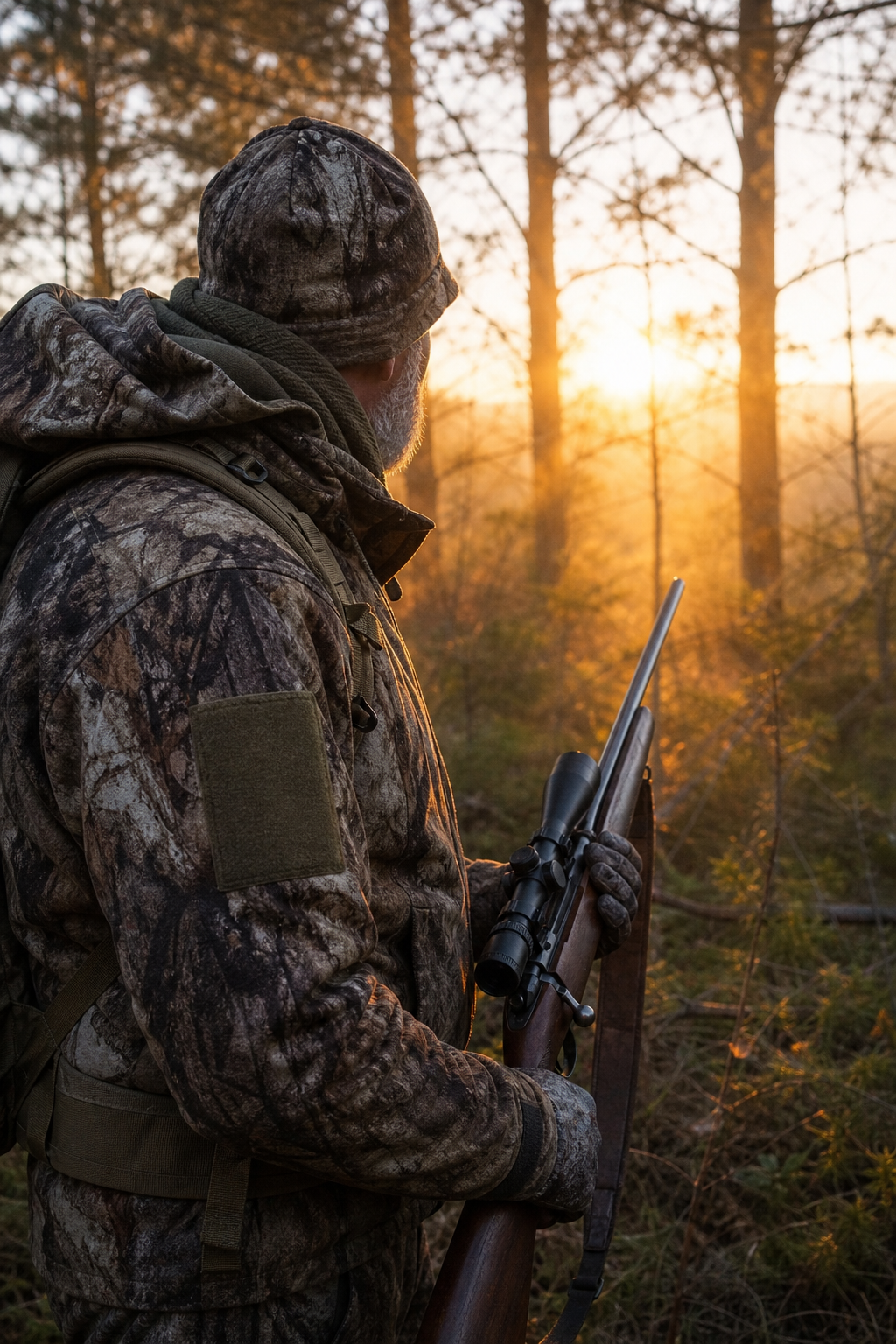 A photorealistic scene of a hunter in camo gear holding a rifle in a forest at dawn, with a 31 M Armory logo subtly on a patch. Alt: Veteran hunting with rifle at sunrise.
