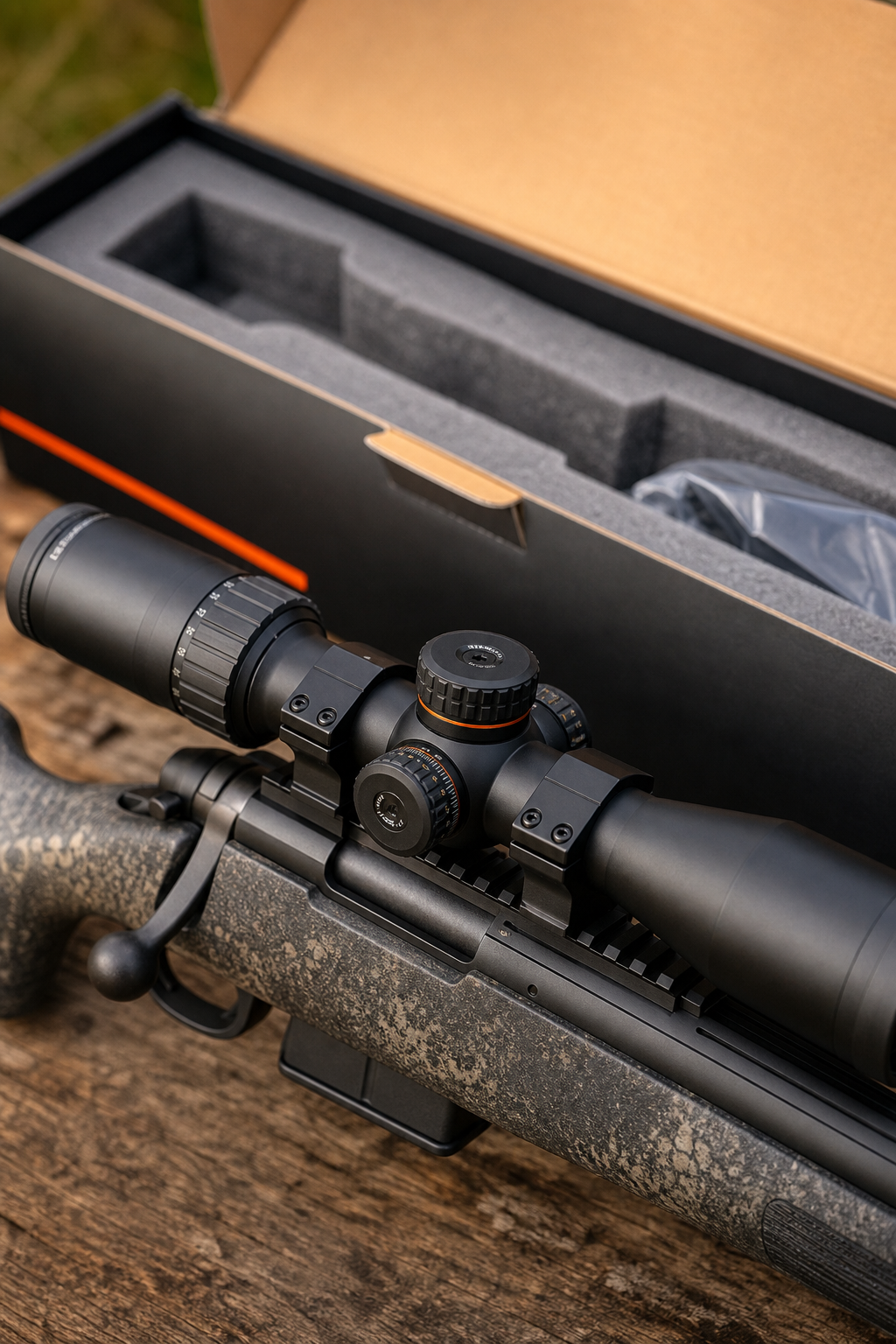 A close-up of a hunting rifle scope on a rifle, with a 