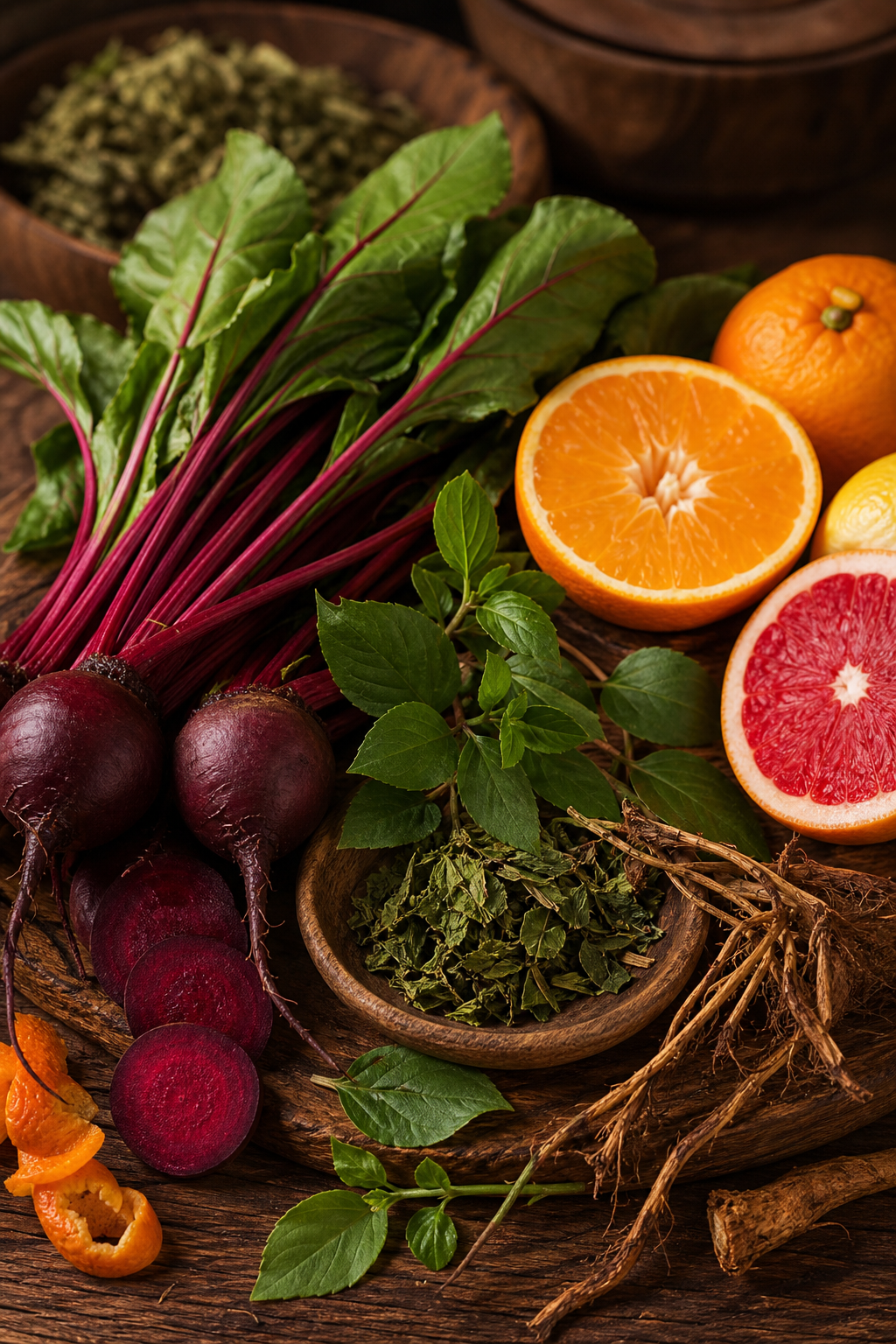 A photorealistic close‑up of natural supplement ingredients like beetroot, goat weed, and citrus fruits on a wooden surface, illustrating potency and purity. Alt: natural wood formula ingredients spread on wood.