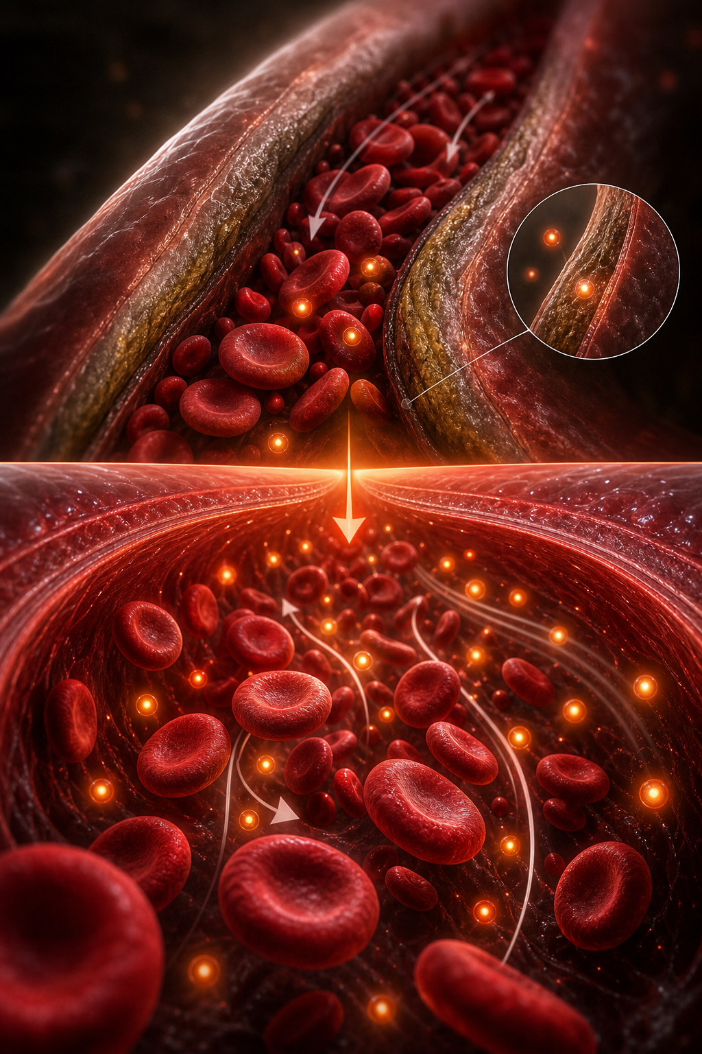 A realistic illustration of a bloodstream with highlighted nitric‑oxide pathways, showing how a fast‑acting supplement improves flow. Alt: diagram of nitric oxide circulation enhancement.