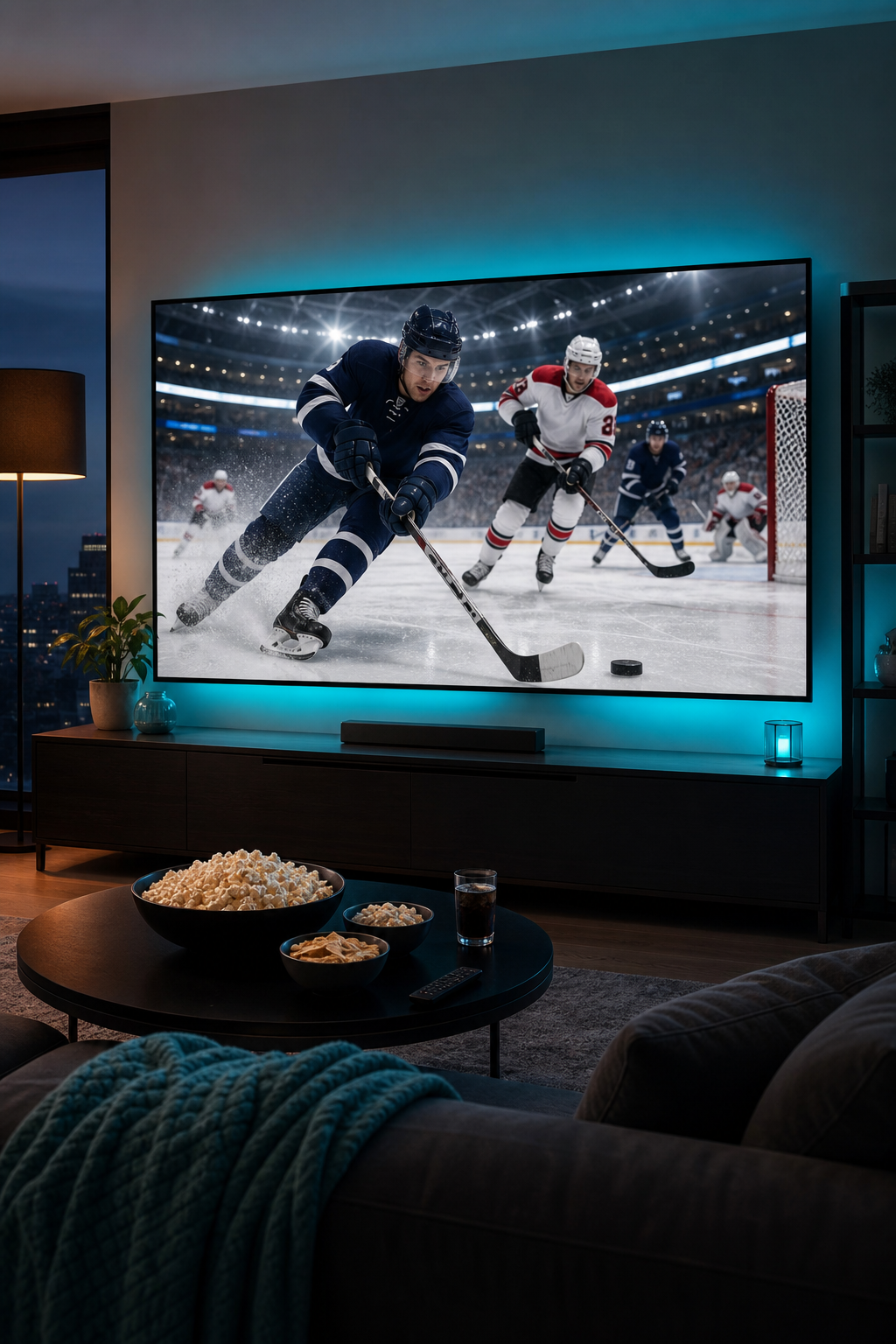 En modern vardagsrum med en stor TV-skärm som visar en NHL-match i action, med skärpt 4K-bild och hockeyklubbar i bakgrunden. Alt: PrimeNordTV för NHL 4K-streaming