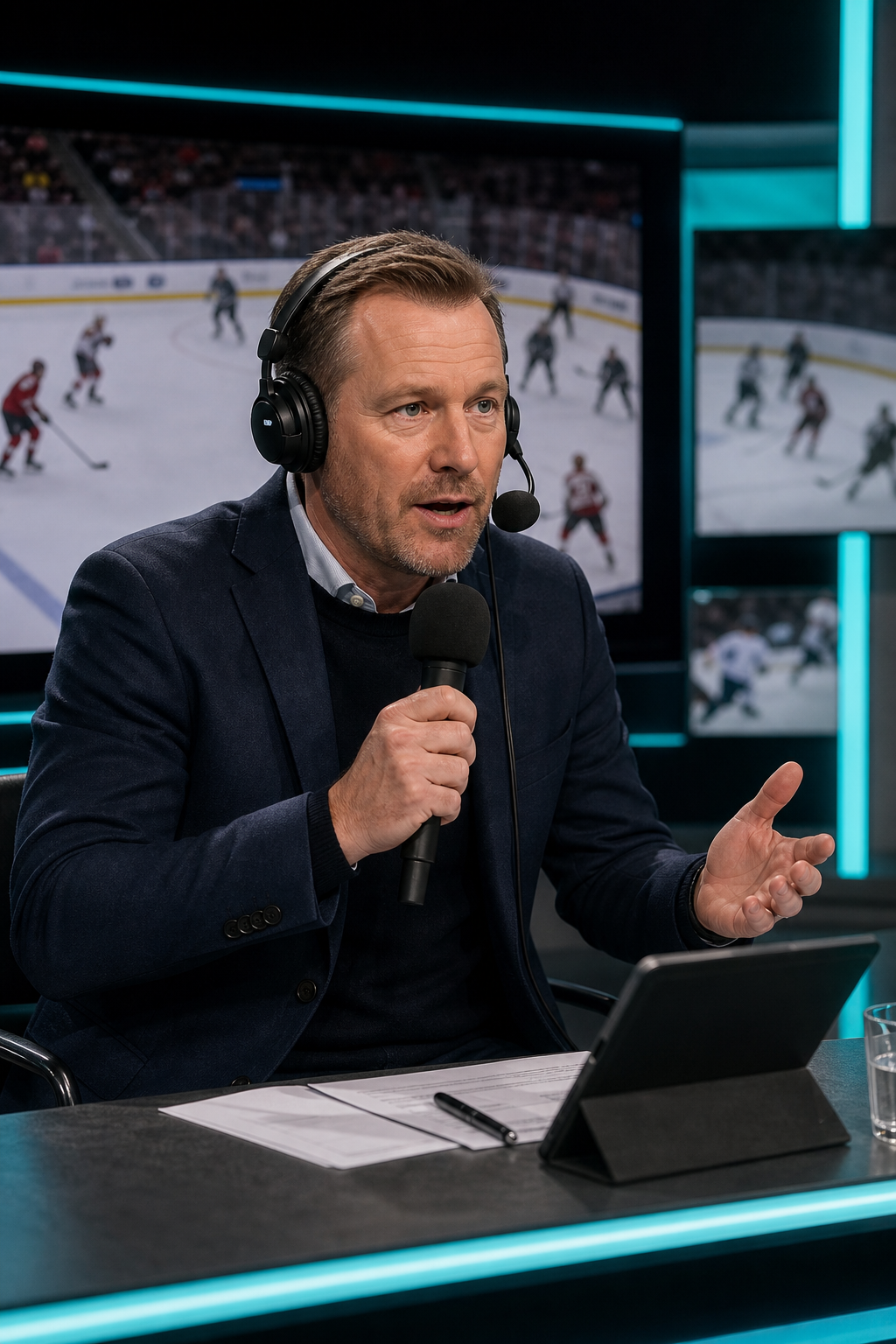 En hockeykommentator i en svensk studio med mikrofon och skärmar som visar en NHL-match, texten