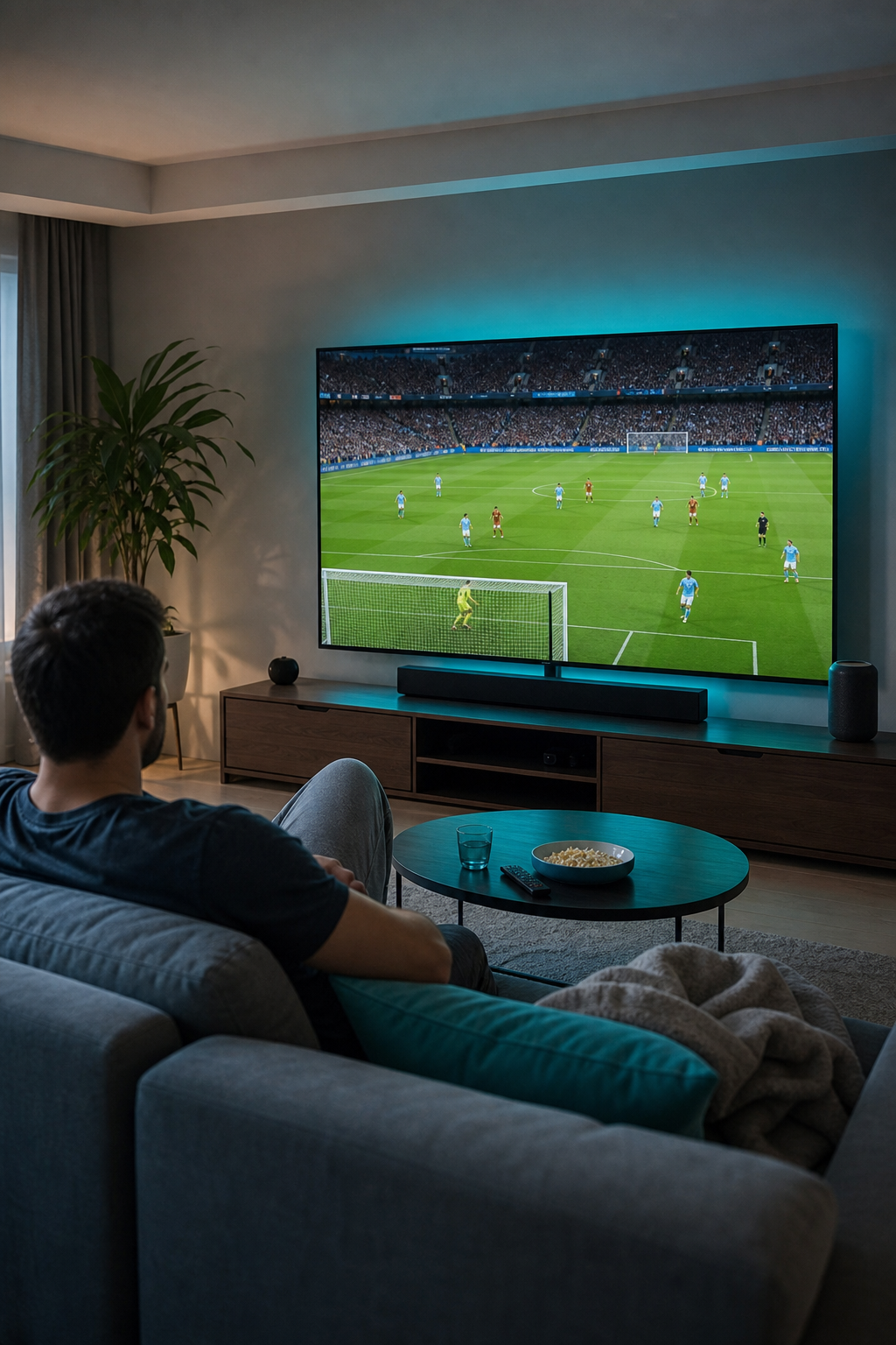 En modern vardagsrum med en stor TV som visar en Premier League-match i 4K, en person sitter i soffan och tittar. Alt: Premier League live på IPTV i vardagsrummet