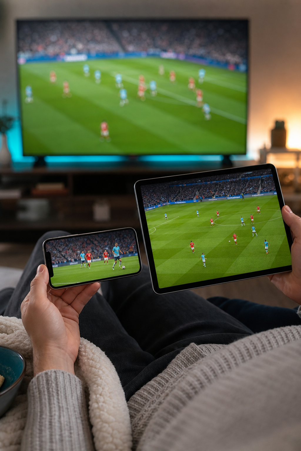 En närbild på en smartphone och en surfplatta som streamar en fotbollsmatch i 4K, med en TV i bakgrunden. Alt: Multi-device streaming av Premier League i 4K