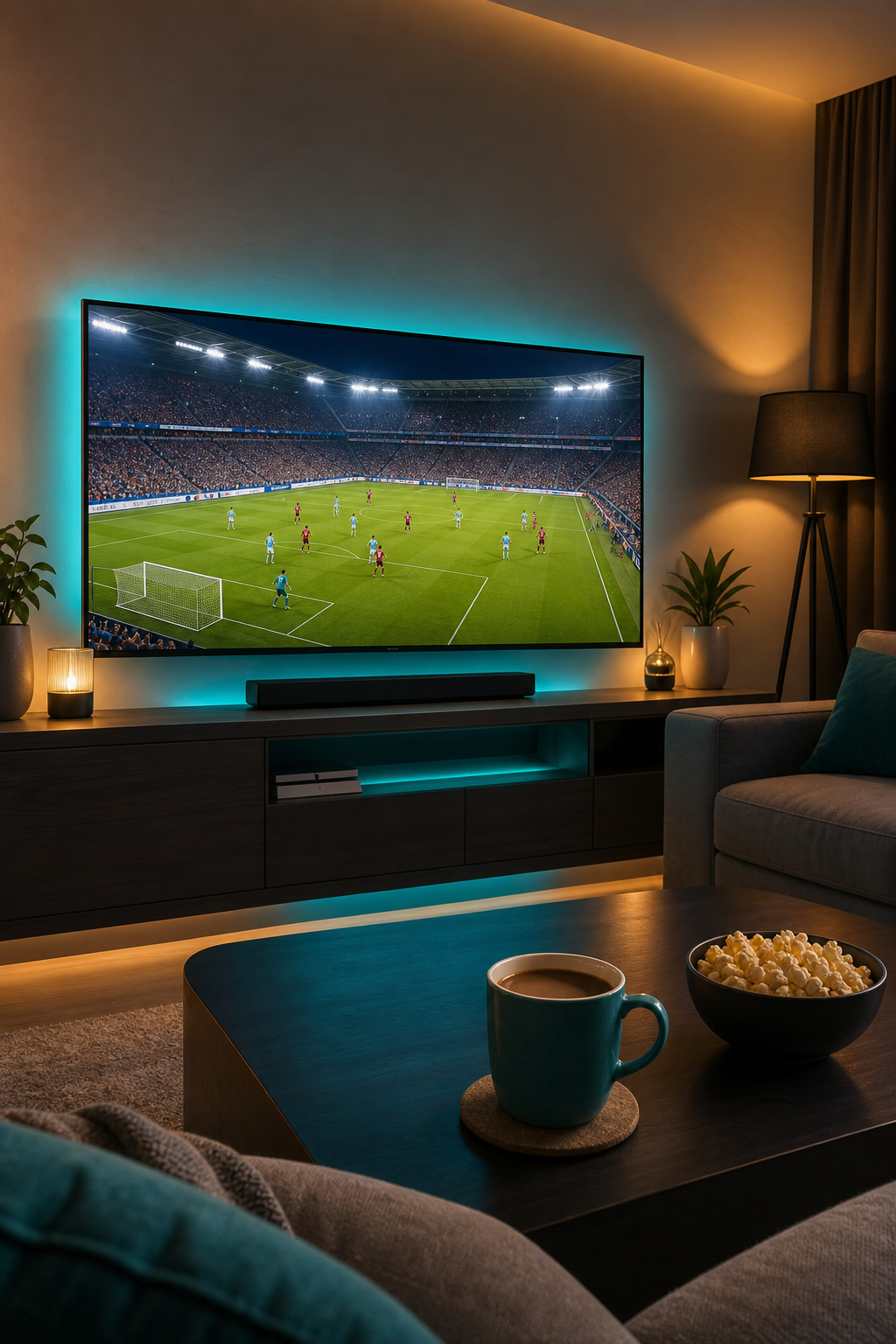 En modern vardagsrumskomposition med en stor TV-skärm som visar en fotbollsmatch i ultrahögupplösning. I förgrunden syns en kaffe, och ljuset är varmt och inbjudande. Alt: IPTV sport i 4K på Smart TV , PrimeNordTV