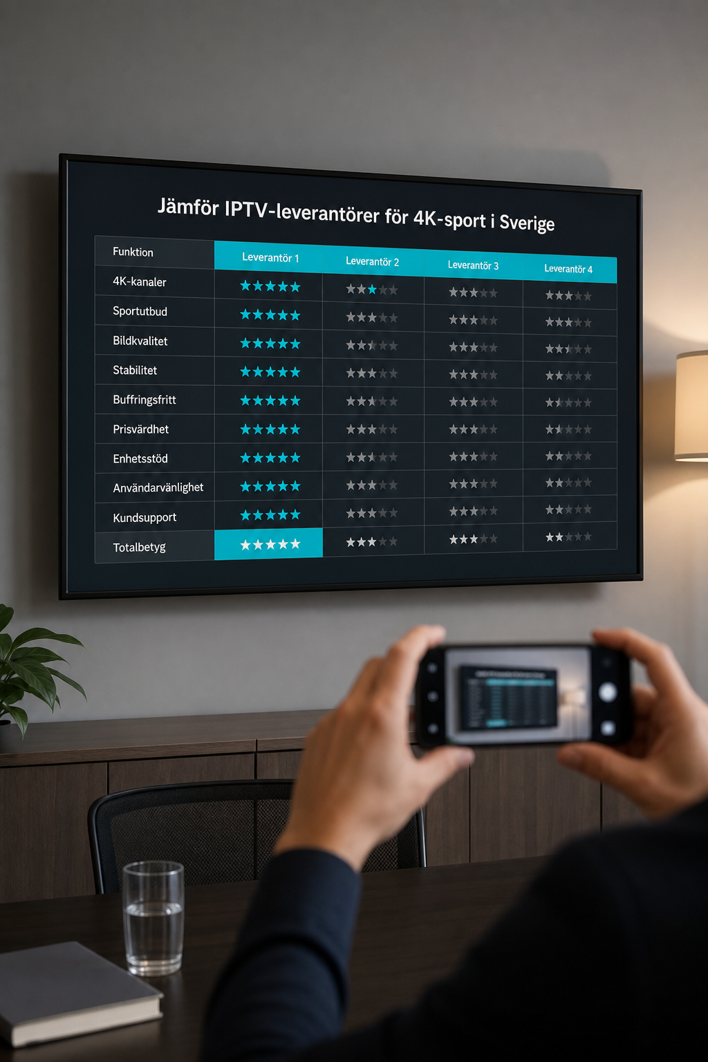 En stilren tabell på en kontorsvägg med en smartphone som fotar TV-skärmen. Tabellen visar en jämförelse av olika IPTV-leverantörer. Alt: Jämför IPTV-leverantörer för 4K-sport i Sverige , PrimeNordTV leder