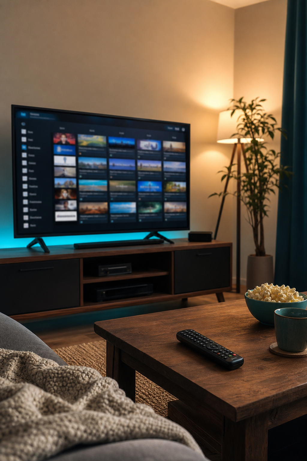 En mysig vardagsrumsmiljö med en stor TV som visar en IPTV-meny med många kanaler och en fjärrkontroll på soffbordet. Realistisk stil. Alt: PrimeNordTV IPTV på TV i vardagsrum