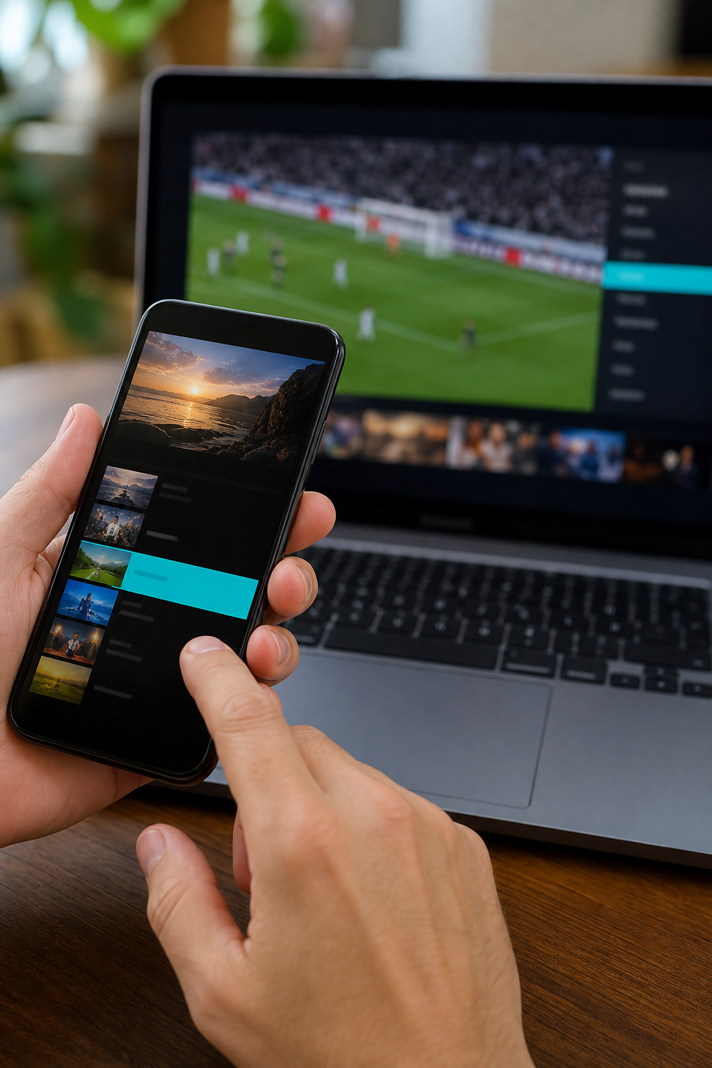 En närbild på en hand som använder en smartphone med en IPTV-app öppen, bredvid en laptop. Realistisk stil. Alt: IPTV streaming på mobil och dator med SweIPTV