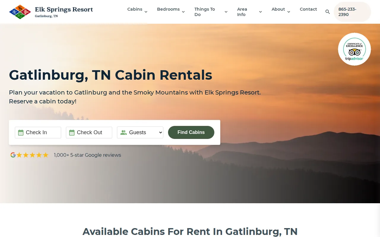 Screenshot of the Elk Springs Resort website