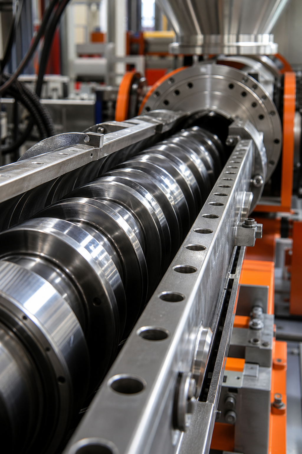 A close-up of an extrusion screw and barrel assembly in a manufacturing facility, with metal surfaces reflecting light. Alt: Davis-Standard extrusion screw and barrel for wire and cable