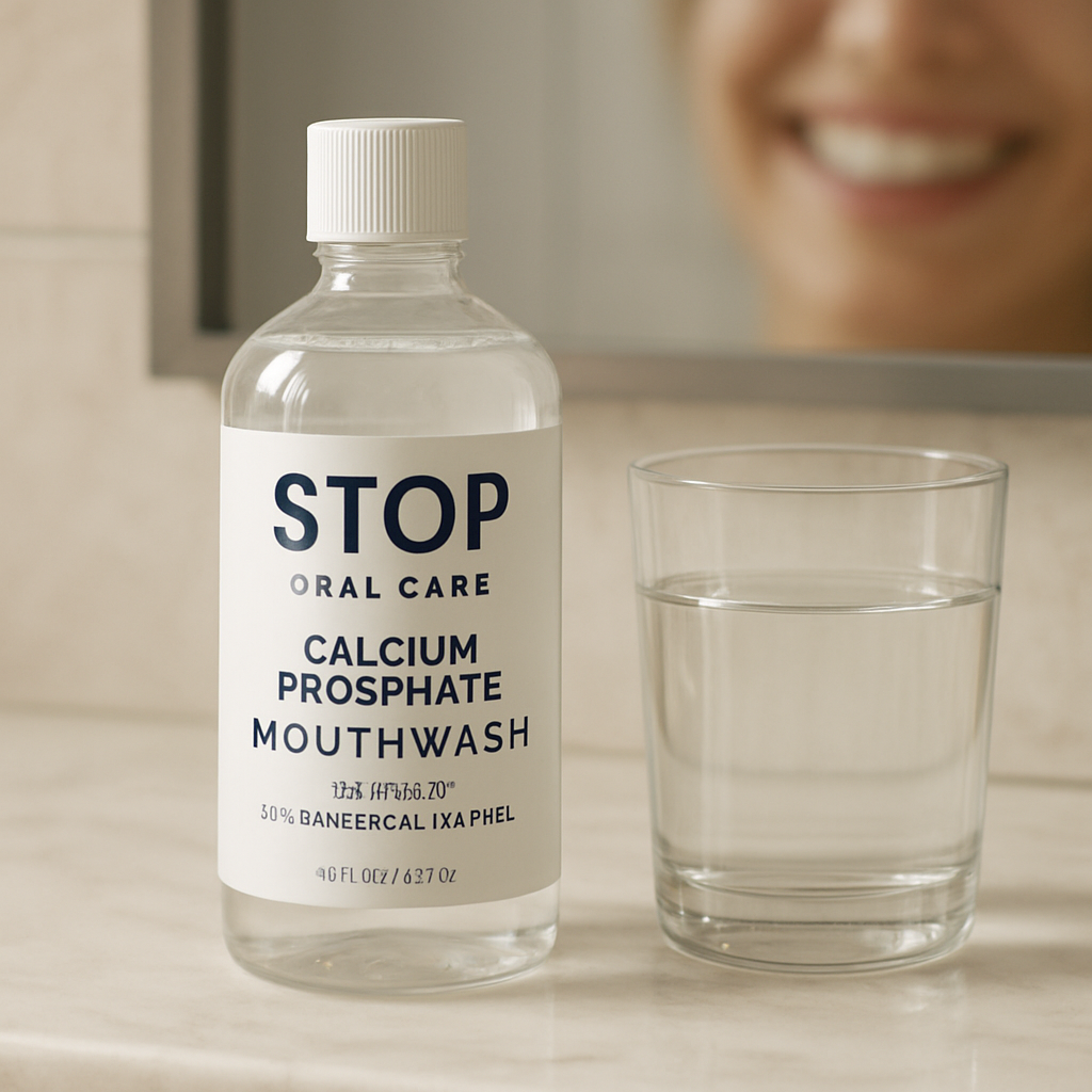 A photorealistic bathroom scene showing a sleek STOP Oral Care calcium phosphate mouthwash bottle on a marble countertop beside a glass of water, with soft natural light highlighting the bottle label and a subtle focus on a smiling person’s teeth reflecting healthy enamel. Alt: calcium phosphate mouthwash benefits for enamel remineralization in a realistic setting.