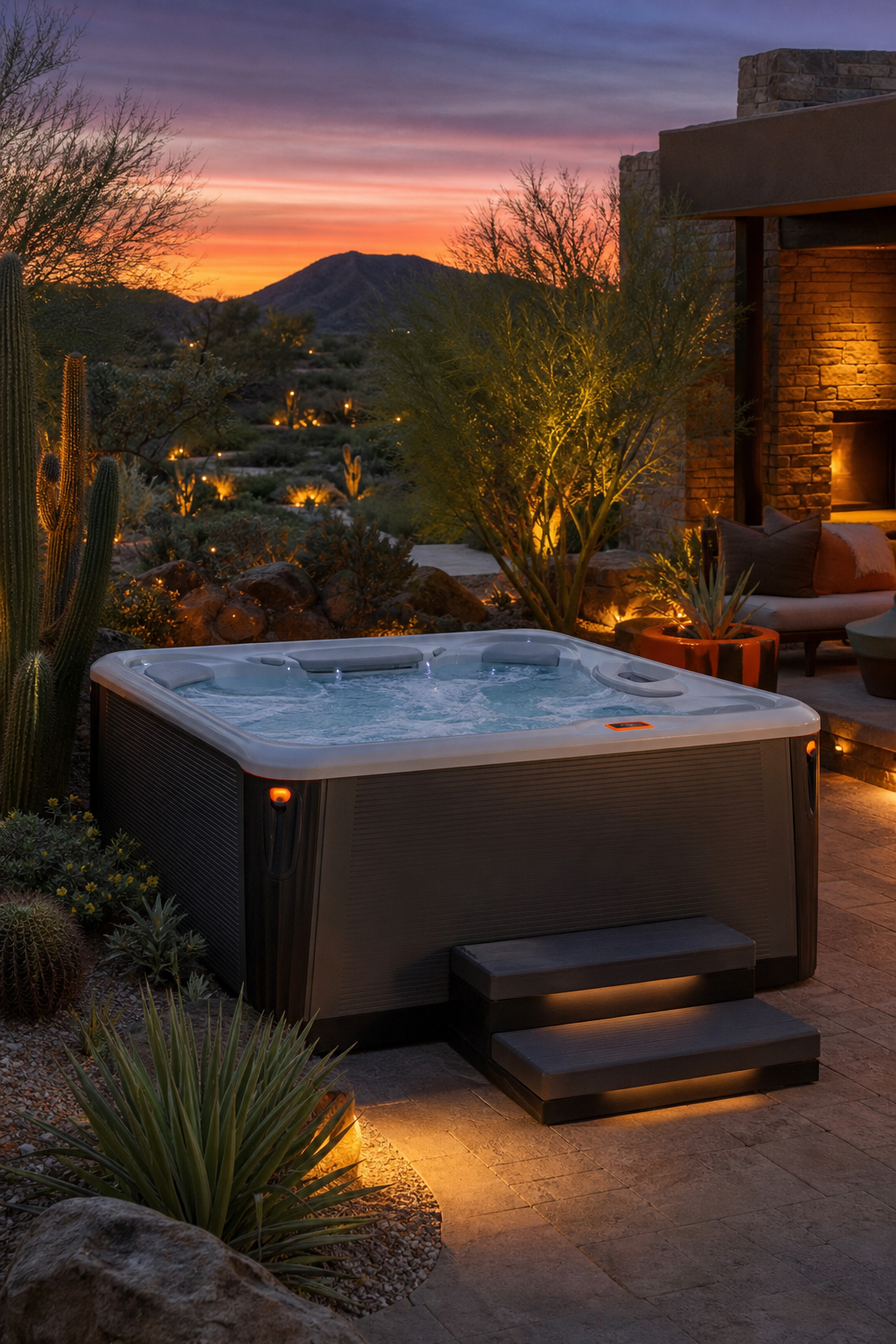 A photorealistic backyard at twilight with a sleek modern hot tub surrounded by desert landscaping, soft ambient lighting, and a stone patio. Alt: Caldera Utopia 6‑person hot tub in a desert oasis