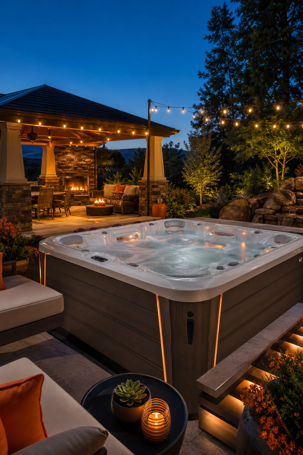 A realistic evening scene showing a large hot tub with eight seats, surrounded by lounge furniture and string lights, with a modern gazebo in the background. Alt: Caldera Utopia 8‑person hot tub with outdoor entertainment setup