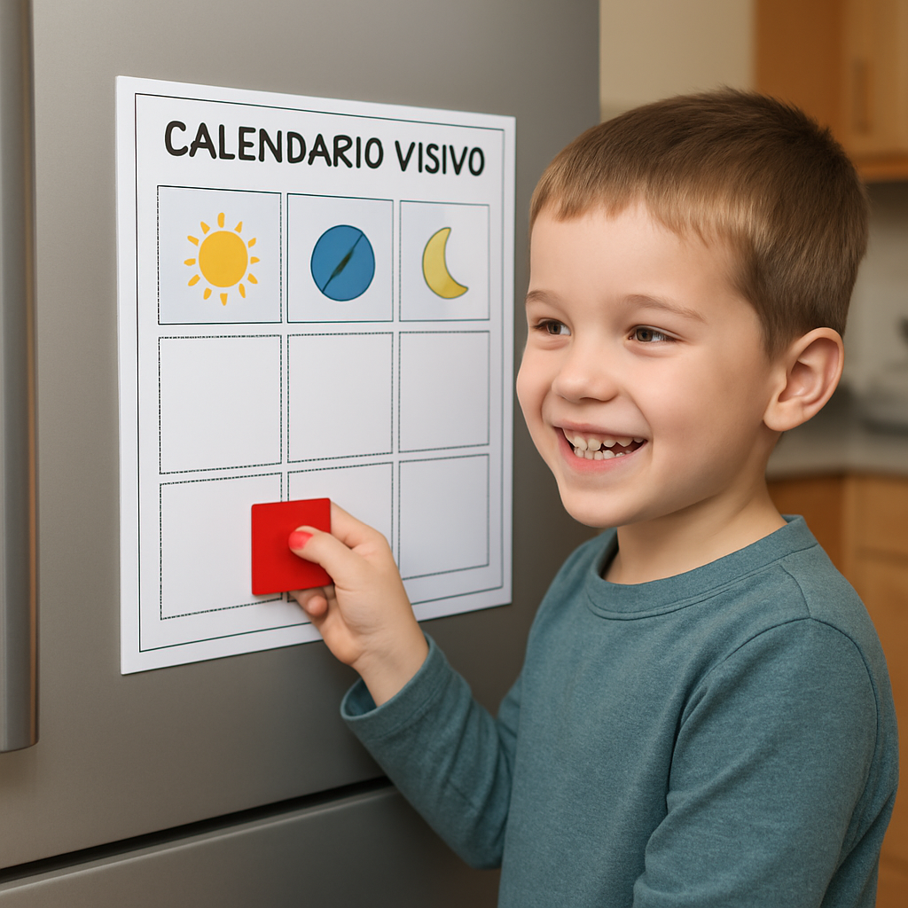 Un bambino sorridente che sposta una tessera colorata su un calendario visivo appeso al frigorifero, con icone chiare di sole, palla e luna. Alt: calendario visivo autismo per bambini.