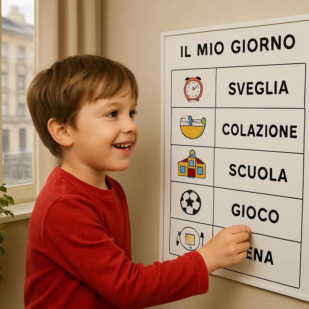 A child happily moving a magnetic tile on a visual schedule board, Alt: bambino che usa un calendario visivo autismo durante la routine quotidiana.