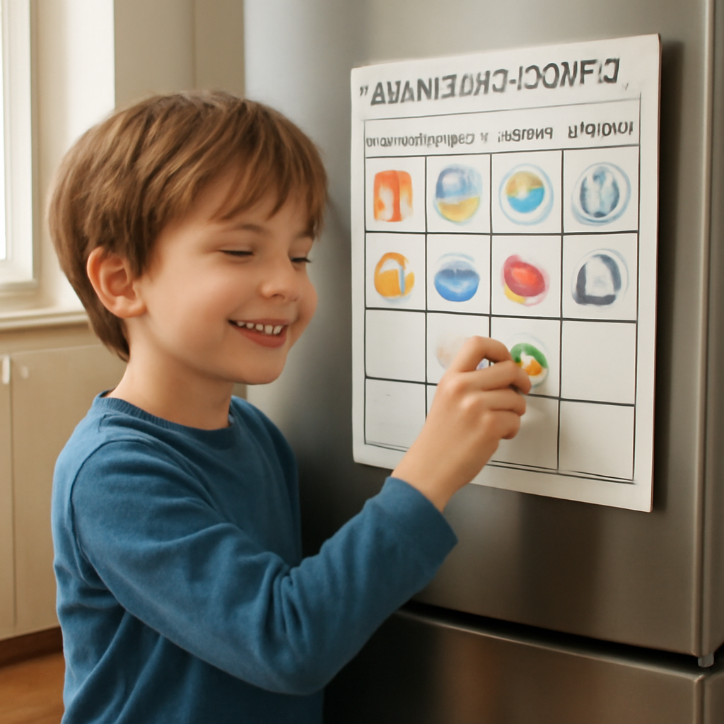 Un bambino sorridente che sposta un'icona colorata su un calendario visivo appeso al frigorifero. Alt: Calendario visivo per bambini con ADHD che favorisce la routine quotidiana.