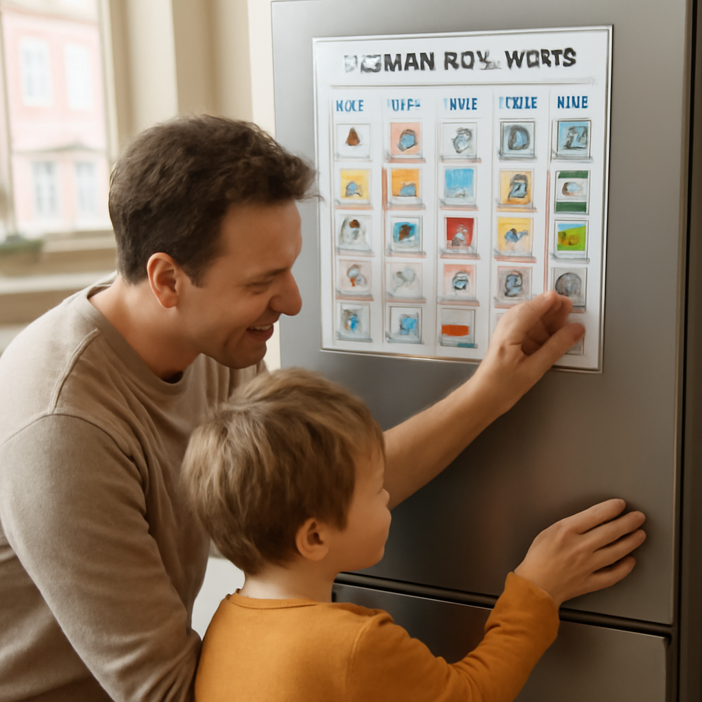 Un genitore e un bambino che aggiornano insieme il calendario visivo sul frigorifero, con icone colorate. Alt: calendario visivo per bambini con ADHD aggiornamento quotidiano