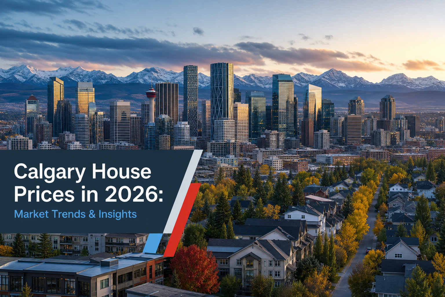 A photorealistic aerial view of Calgary's downtown skyline with the Rocky Mountains in the background, showcasing the city's urban landscape and natural setting. Alt: Calgary downtown skyline with mountains