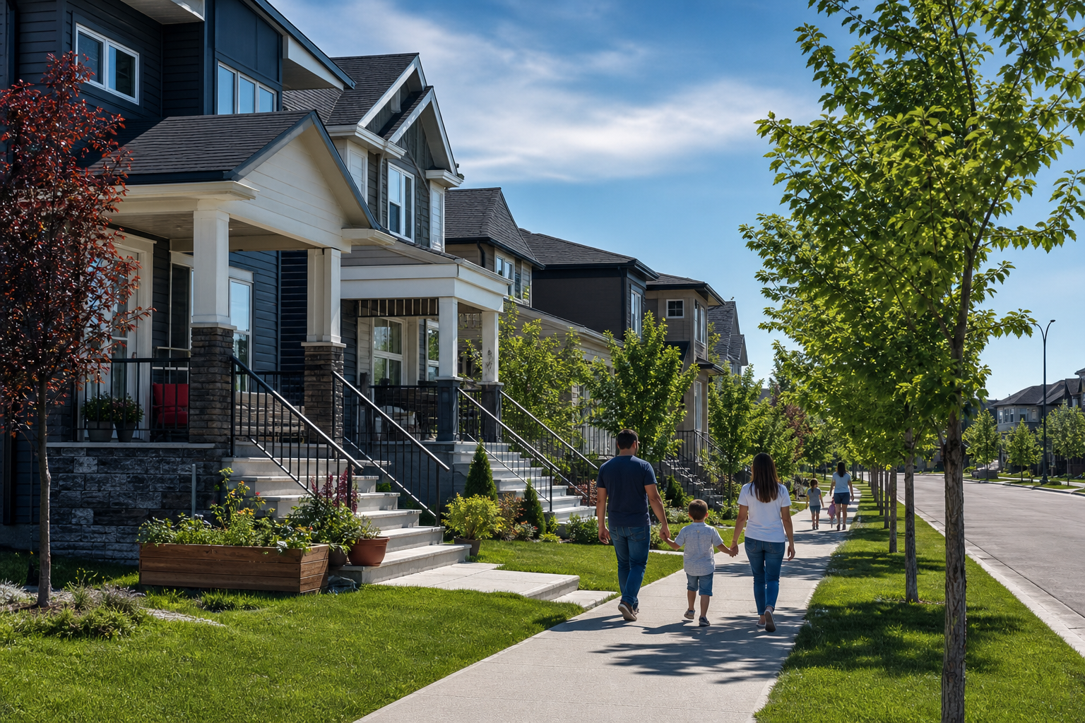 A photorealistic street view of a modern Calgary suburban neighbourhood with tree-lined streets and front porches, families walking, and a clear blue sky. Alt: Calgary suburban family neighbourhood