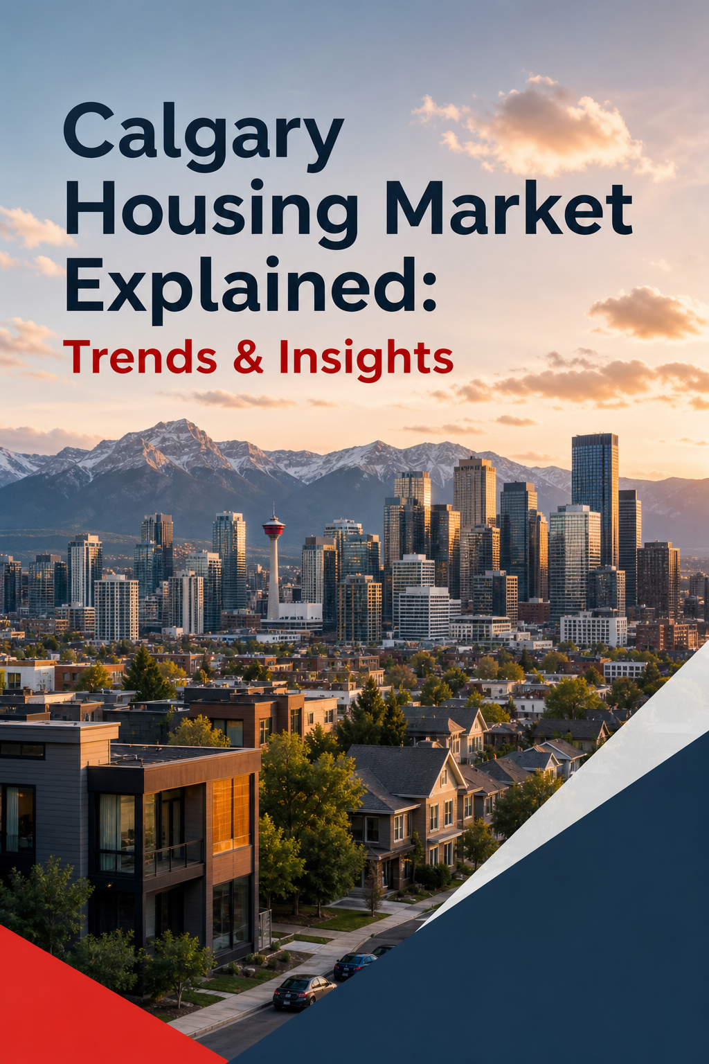 A photorealistic cityscape of downtown Calgary at sunset, showing a mix of high‑rise condos and low‑rise neighbourhoods, with the Rocky Mountains in the background. Alt: Calgary housing market overview 2026