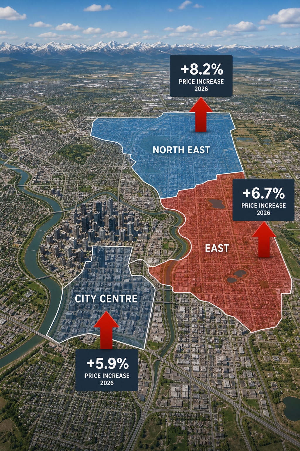 An illustrated map of Calgary highlighting the North East, East, and City Centre growth zones, with arrows indicating price increase percentages. Alt: Calgary neighbourhood price growth 2026
