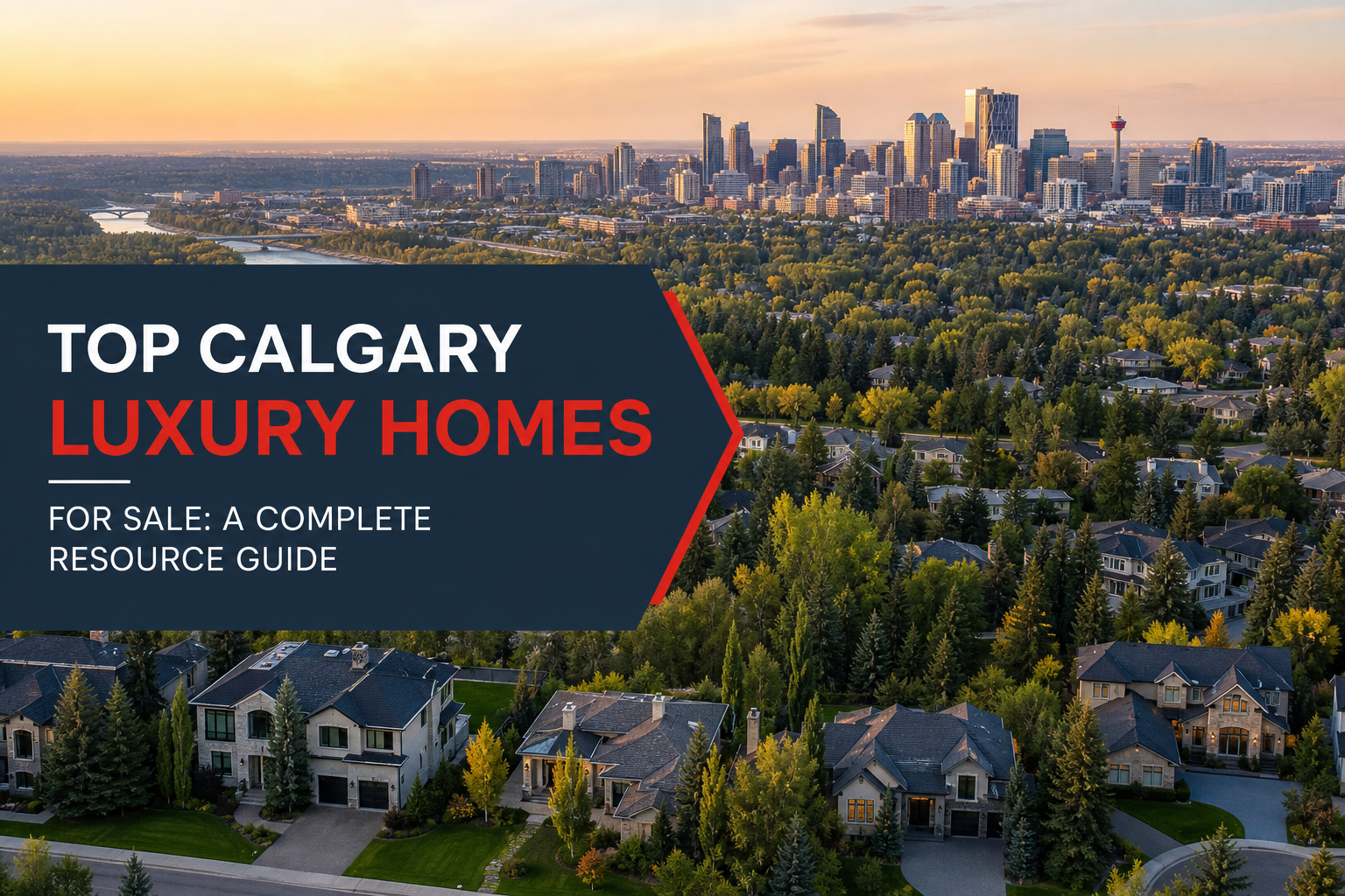 A photorealistic aerial view of Calgary’s upscale neighbourhoods, highlighting Upper Mount Royal, Bel‑Air, Aspen Woods and Bearspaw, with luxury homes and green spaces. Alt: Calgary luxury neighbourhood map showing elite communities