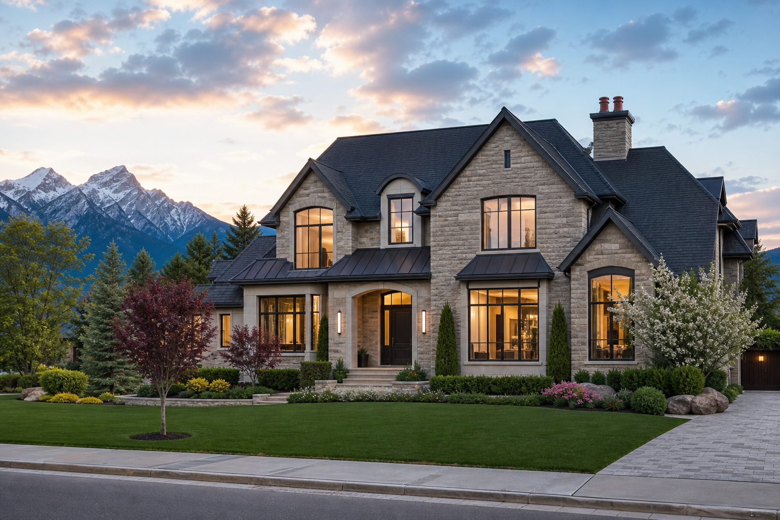 A realistic street‑level view of a luxury Calgary home with a manicured lawn, stone façade and mountain backdrop, illustrating the premium market aesthetic. Alt: Calgary luxury home exterior with premium landscaping