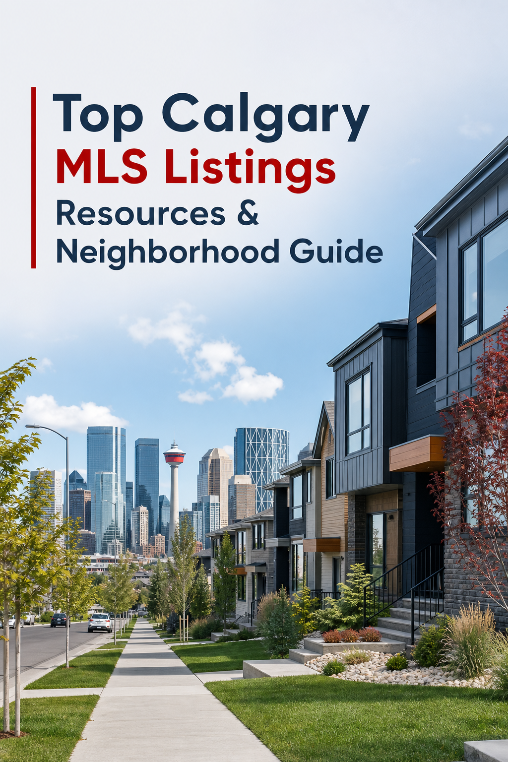 A realistic street view of a Calgary neighbourhood with modern homes and a visible MLS banner on a storefront, Alt: Calgary MLS listings local brokerage office front