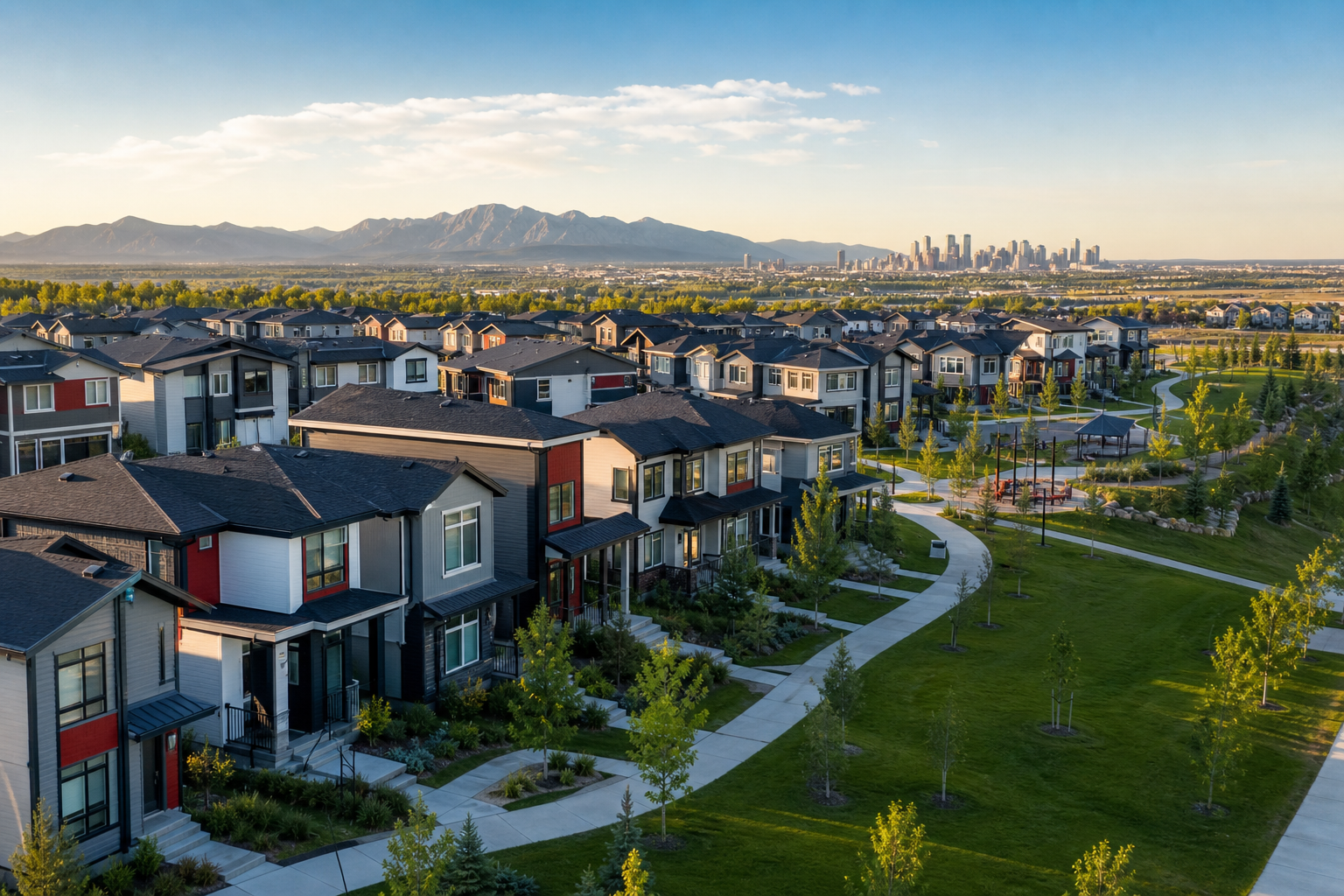 A photorealistic aerial view of a new Calgary community with modern homes, green spaces, and mountain backdrop. Alt: New construction homes in Calgary community aerial view.