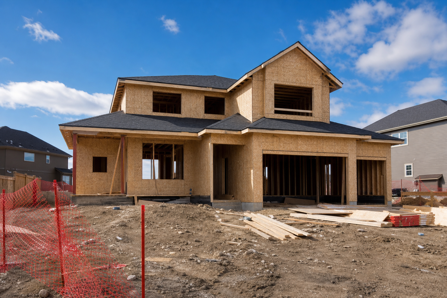 A photorealistic image of a construction site with a partially built home and Builder sign, blue sky. Alt: Home builder construction site Calgary.