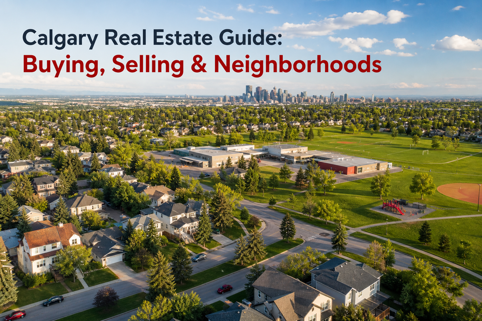 A realistic aerial view of Calgary’s northwest suburbs showing tree‑lined streets, parks, and nearby schools , alt text: “Calgary neighbourhood overview for home buyers”