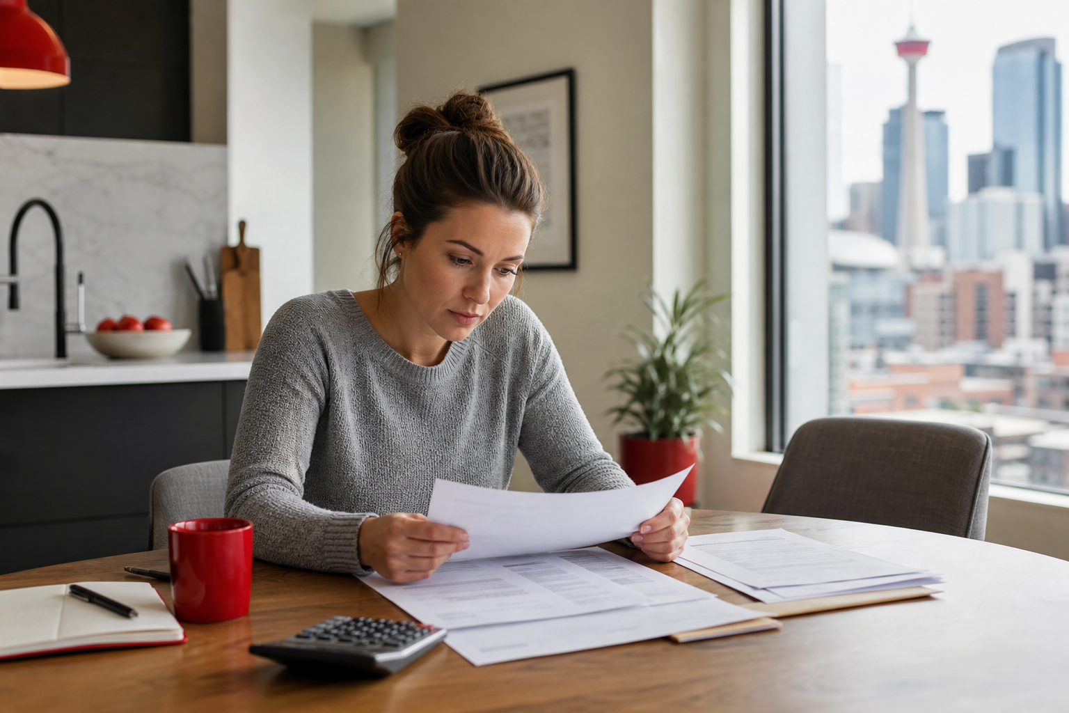 A realistic scene of a Calgary homeowner reviewing mortgage paperwork at a kitchen table , alt text: “Financing a Calgary home , mortgage options overview”