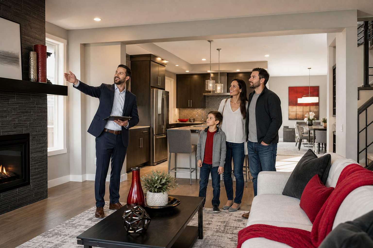Realism-style family viewing a Calgary-area home with a REALTOR®, warm natural light, clear view of kitchen and living room, subtle red accent, no signs or readable contact details. Alt: Calgary home buyer viewing a property in Calgary or surrounding Alberta community