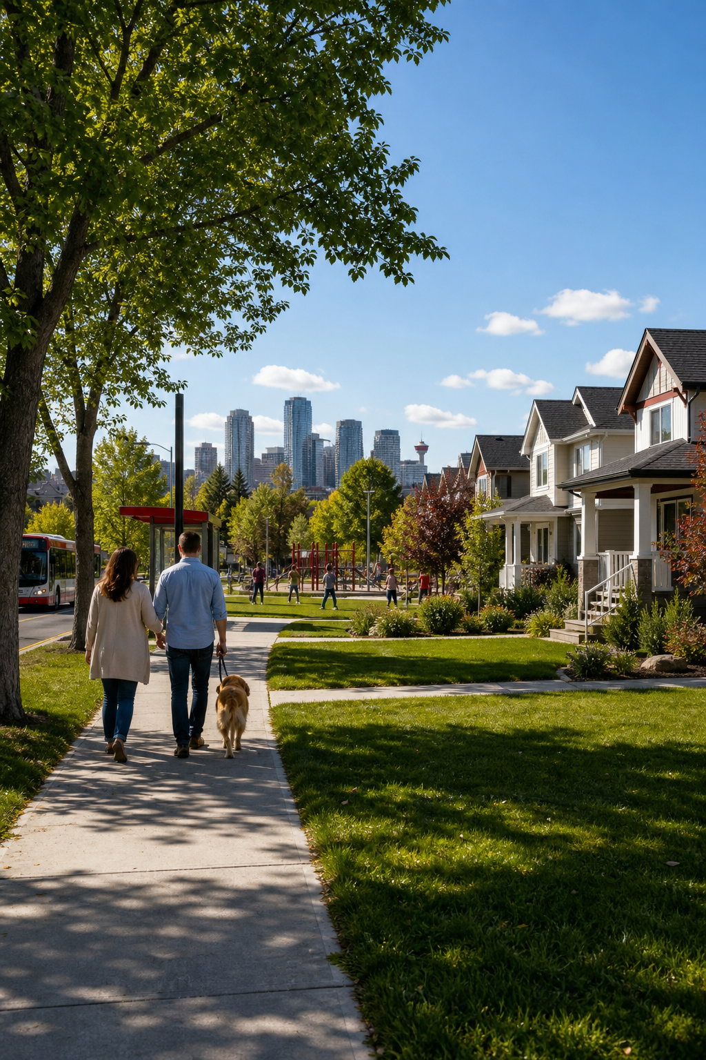 A photorealistic street view of a Calgary neighbourhood with tree‑lined streets, single‑family homes, kids playing in a park, and a nearby transit stop. Alt: Calgary neighbourhood with single‑family homes and transit access.