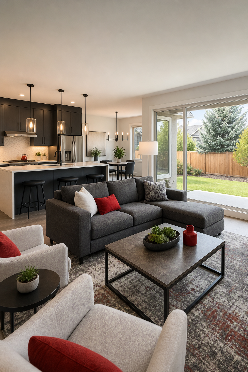 A realistic interior view of a Calgary single‑family home showing an open‑plan living area, modern kitchen, and large windows overlooking a backyard. Alt: Interior of a Calgary detached home ready for viewing.