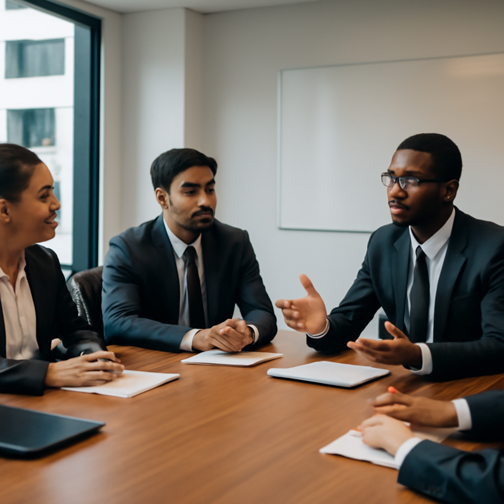 A professional meeting room with diverse business people engaged in discussion, one person speaking while others listen attentively. Alt: calibrated questions open‑ended probes in negotiation