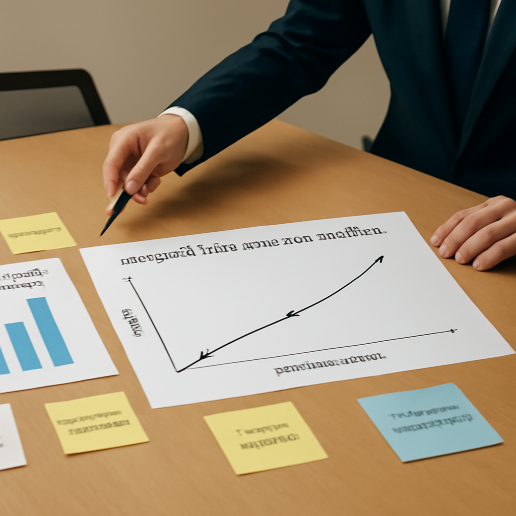 A negotiation table with charts and sticky notes illustrating volume‑scaling scenarios, a professional pointing at a graph while discussing increased order quantities. Alt: scaling questions calibrated negotiation example