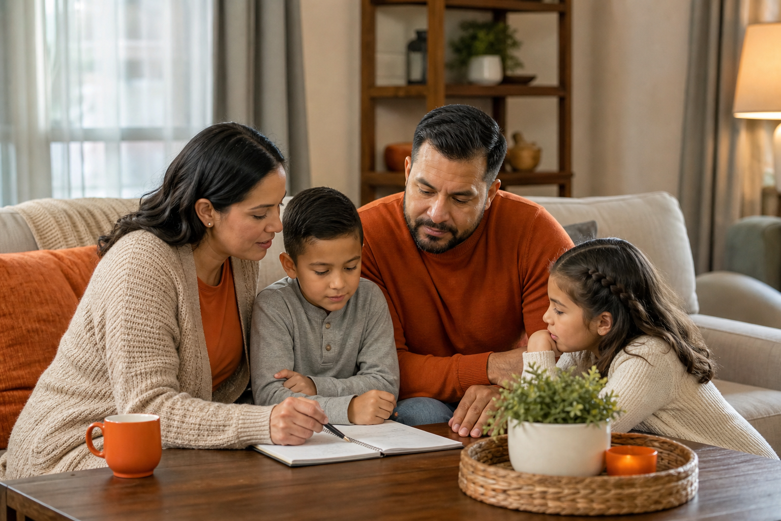 A photorealistic scene of a family sitting around a living room table, reviewing a notebook of observations, with a calm, supportive atmosphere. Alt: family reviewing intervention notes together.