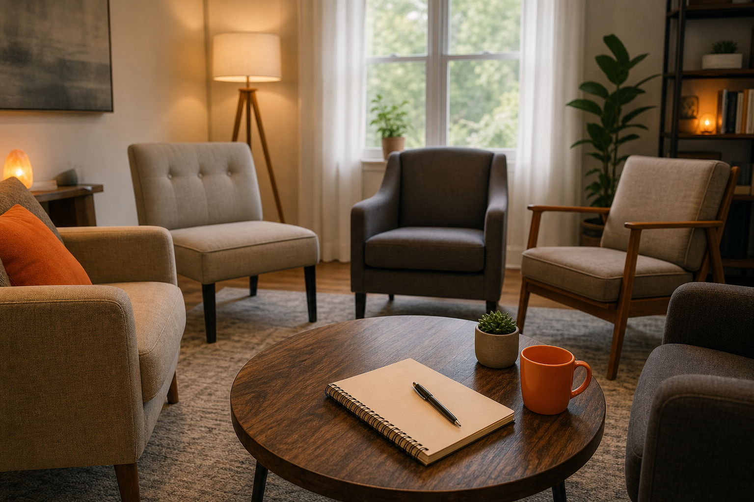 A realistic image of a quiet home setting with chairs arranged in a circle, a notebook on a coffee table, and a calm atmosphere ready for an intervention. Alt: prepared intervention setting in a living room.