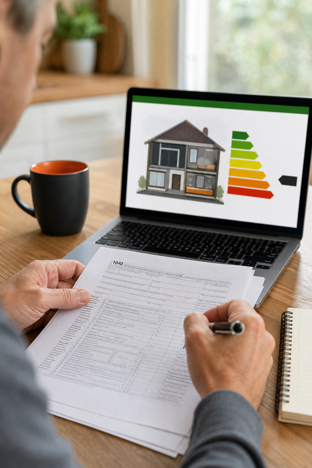 A photorealistic close-up of a homeowner's hands filling out a tax form at a kitchen table next to a laptop showing an energy efficiency website, warm natural light. Alt: Homeowner claiming federal tax credit for energy efficient HVAC system.