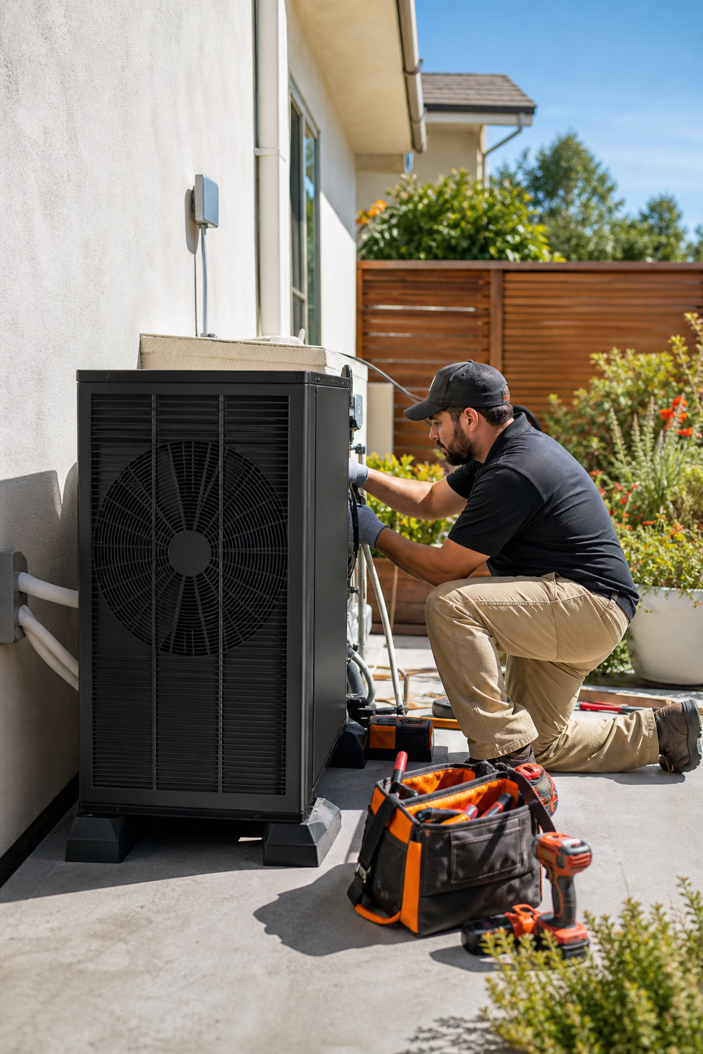 A photorealistic image of a technician installing an outdoor heat pump unit at a single-family California home on a sunny day, orange accent on equipment, residential landscaping in background. Alt: Heat pump installation qualifying for California TECH Clean and HEEHRA rebates.