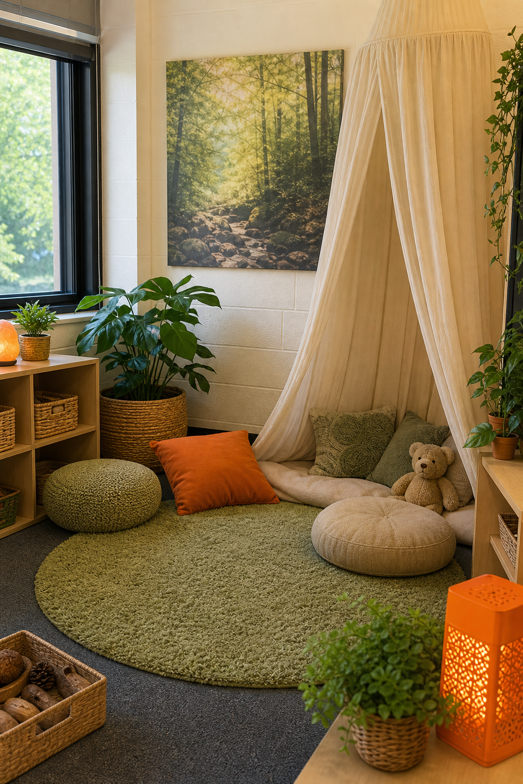 A photorealistic depiction of a nature-themed calm down corner in a classroom with plants, a rug, and soft light. Alt: Nature-themed calm down corner setup.