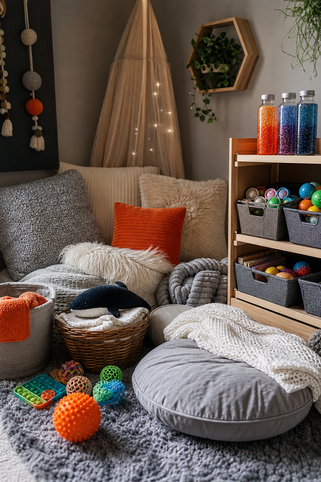 A photorealistic tactile calm down corner with textured cushions, sensory bottles, and fidget toys. Alt: Sensory-heavy calm down corner visuals.