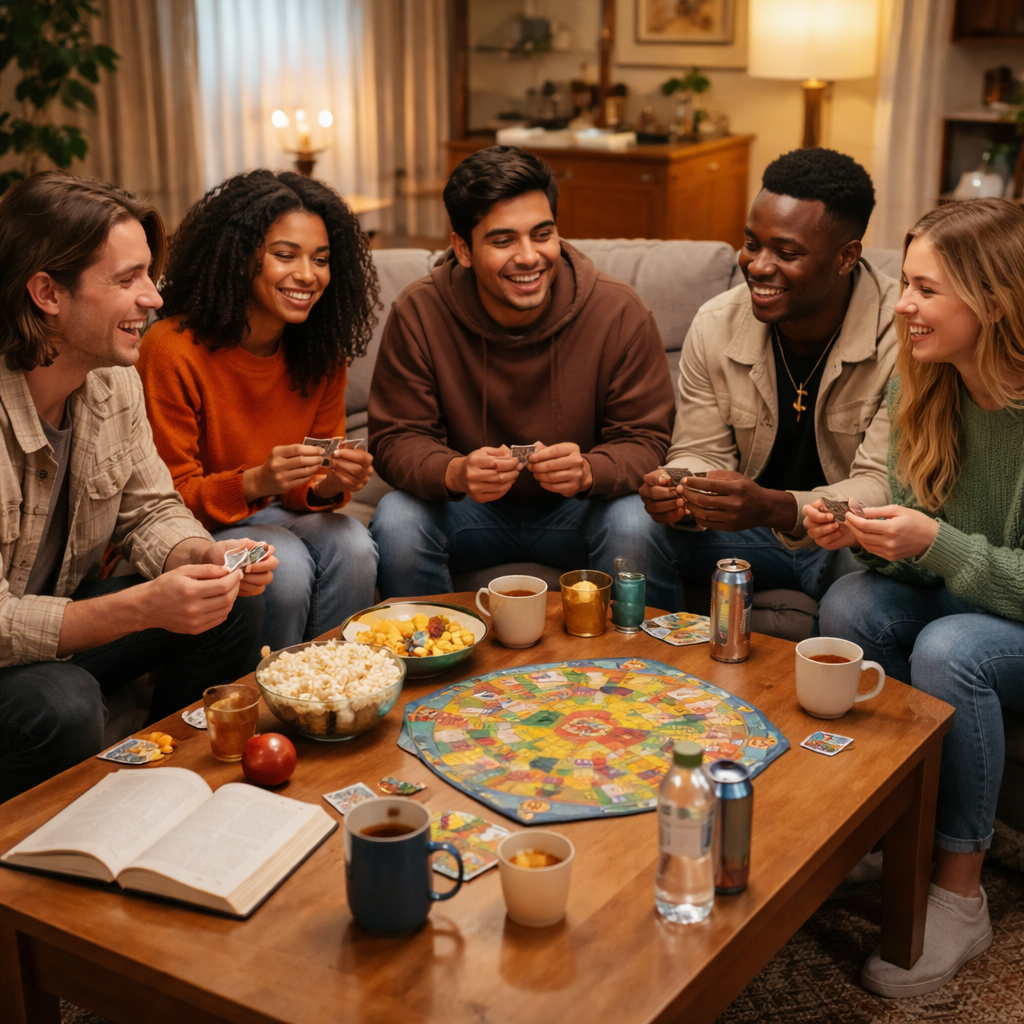 A photorealistic scene of a diverse group of young people enjoying a cozy game night in a warmly lit living room, with board games, non-alcoholic drinks, and a Bible on the coffee table. Alt: Can Christians have fun boundaries during a cozy hangout.