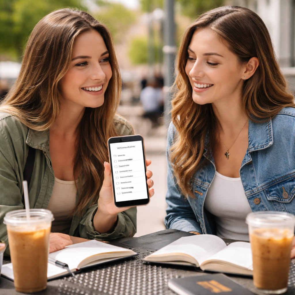 A photorealistic scene of two college friends sitting at a campus café table, one holding a phone showing a shared checklist, the other smiling and nodding, with a subtle cross necklace visible, representing accountability practices for having fun without compromising values. Alt: Young Christians using a simple accountability system while planning a fun, faith‑aligned weekend.