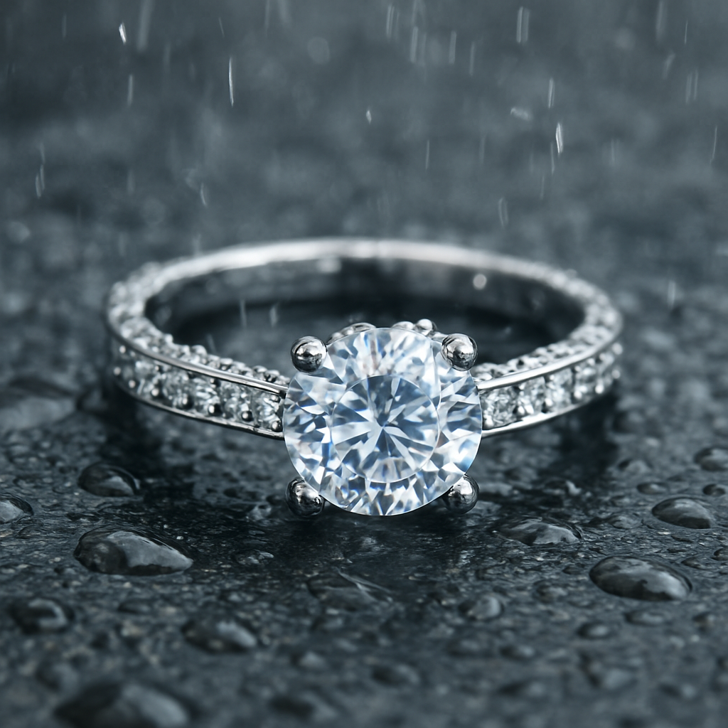 A close‑up of a cubic zirconia ring in a rainy setting, highlighting the bead‑off effect. Alt: Cubic zirconia ring water interaction