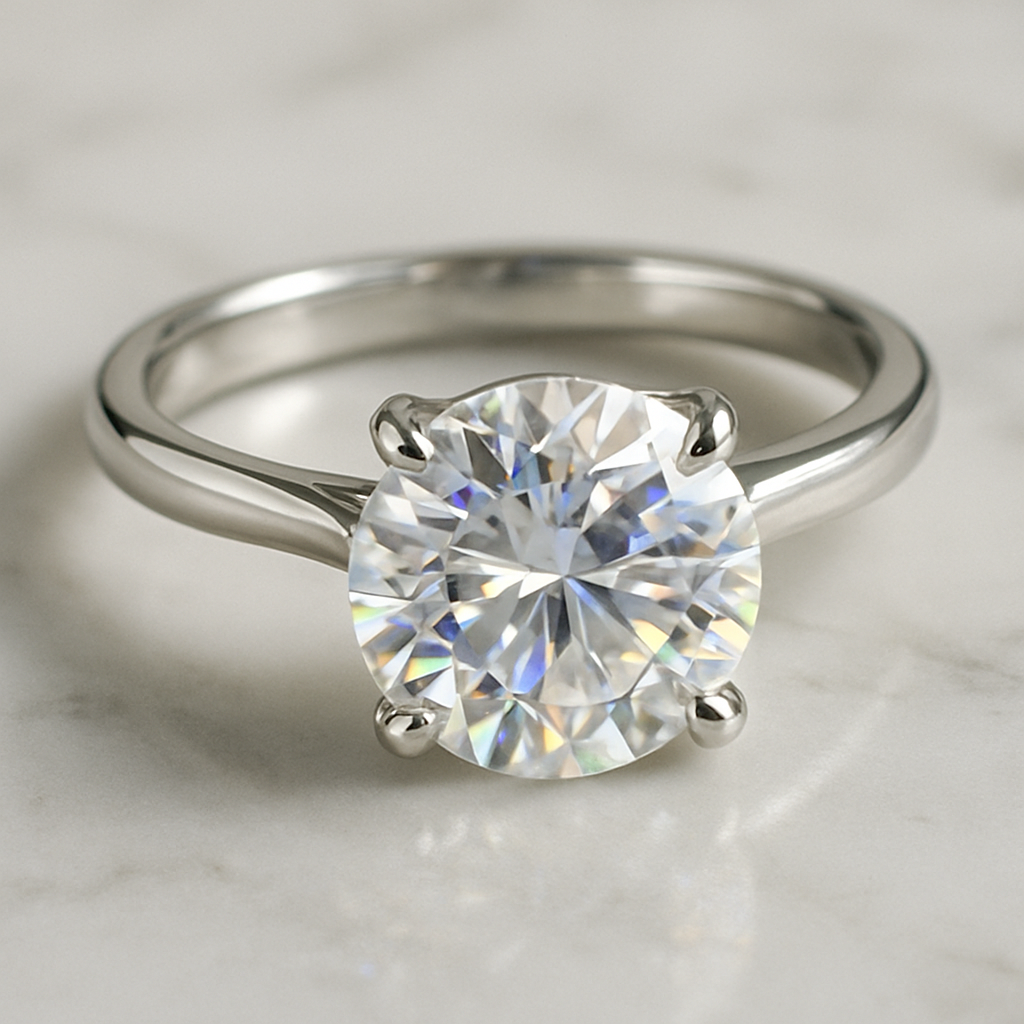 A close‑up of a cubic zirconia ring on a white marble surface, showcasing the stone’s sparkle and the setting’s detail. Alt: Cubic zirconia ring sparkle