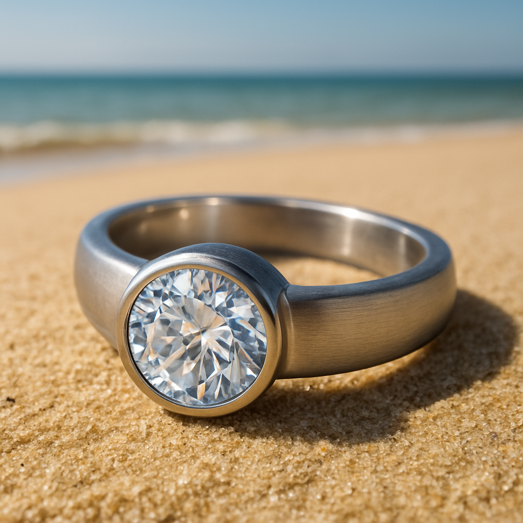 A close‑up of a stainless steel band with a round cubic zirconia center, showing a clean setting on a sunlit beach background. Alt: Sturdy CZ ring on a beach.