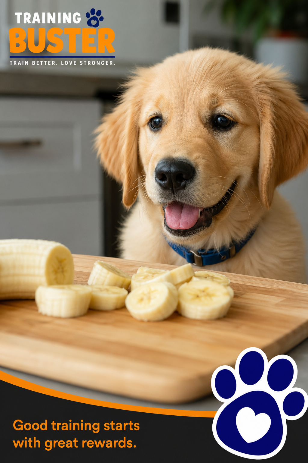 A photorealistic close-up of a ripe yellow banana sliced into small, bite-sized pieces on a clean wooden cutting board, with a happy golden retriever puppy looking eagerly at the banana slices. Alt: Dog looking at banana slices on cutting board.
