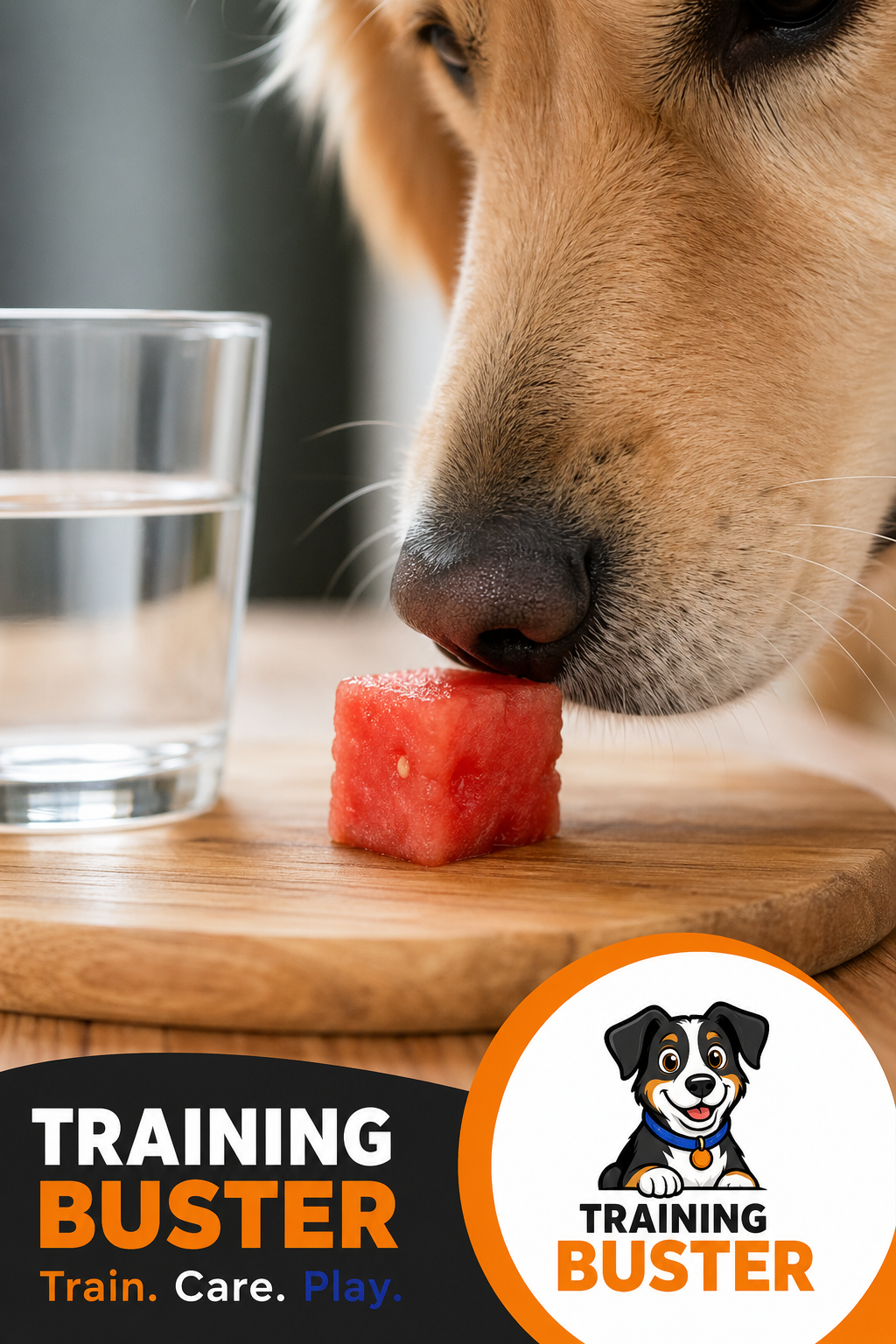 A photorealistic close-up of a dog's nose sniffing a small cube of fresh watermelon on a wooden cutting board, with a glass of water nearby. Alt: Dog sniffing watermelon cube close up.